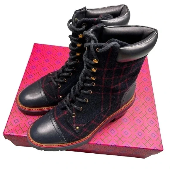 Tory Burch Womens Boots Miller 60MM Checked Wool Calf Leather Navy Size 8 - Picture 3 of 13